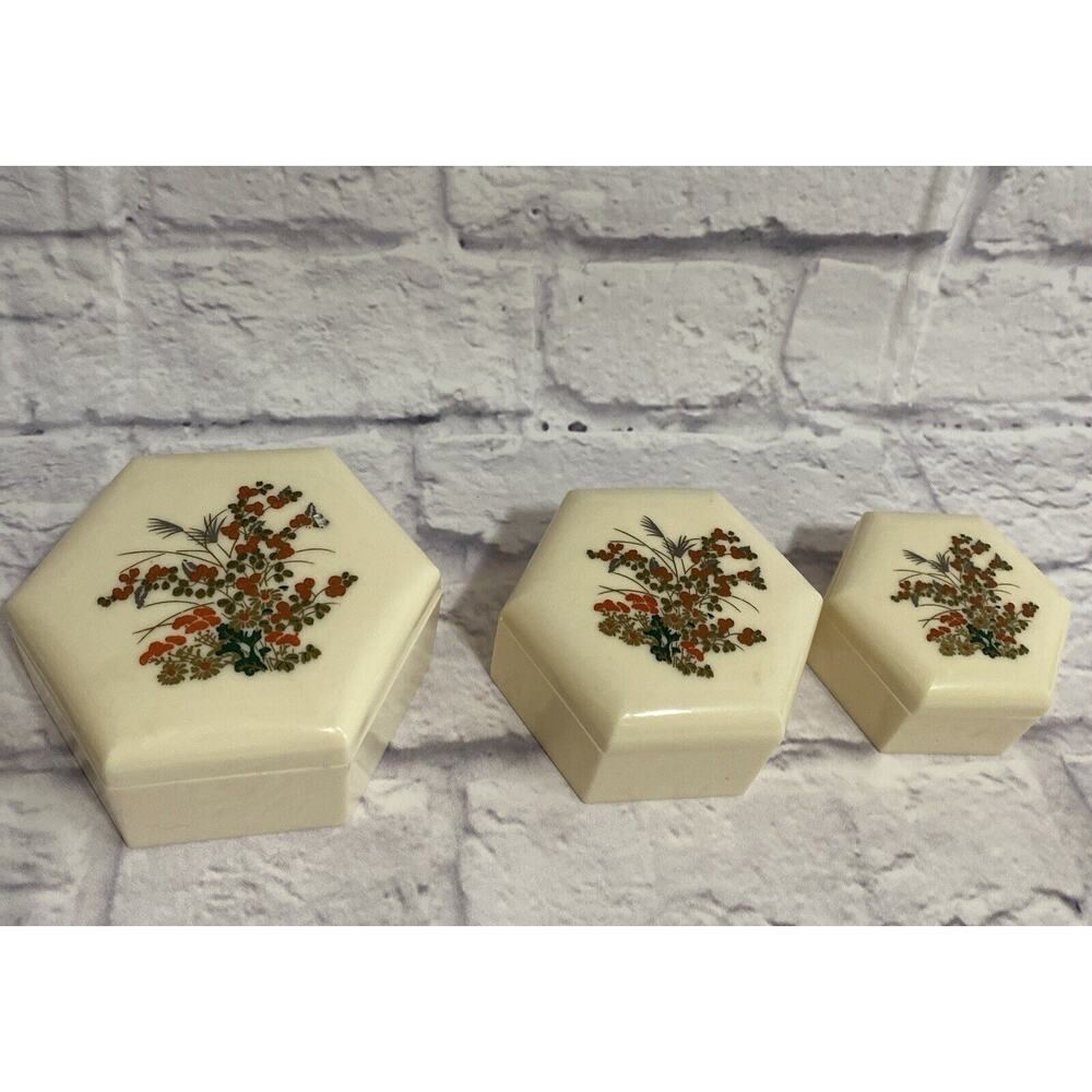 VINTAGE Set Of 3 Stackable Nesting HEXAGON JEWERLY/TRINKET BOX Hong Kong